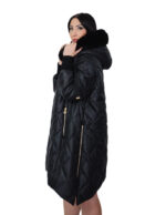 Black diamond-patterned down jacket size 52 with flared hem, side zip fastening at the bottom of the cuff, wool hood, fox trim - Image 2