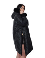 Black diamond-patterned down jacket size 52 with flared hem, side zip fastening at the bottom of the cuff, wool hood, fox trim - Image 3