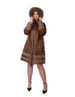 Down jacket and eco sheepskin with 50% dark brown fox fur, real feather, zip closure, hood - Image 4