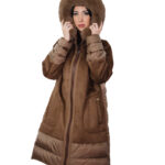 Down jacket and eco sheepskin with fox fur 46 dark brown real feather zip closure hood