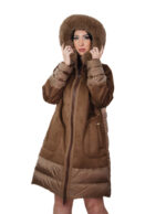 Down jacket and eco sheepskin with 50% dark brown fox fur, real feather, zip closure, hood