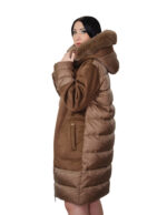 Down jacket and eco sheepskin with 50% dark brown fox fur, real feather, zip closure, hood - Image 2