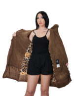 Down jacket and eco sheepskin with 50% dark brown fox fur, real feather, zip closure, hood - Image 6