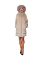 Piumino ed eco montone con pelliccia di volpe 48 tortora vera piuma chiusura zip cappuccio - immagine 4