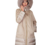 Down jacket and eco sheepskin with fox fur 44 dove grey real feather zip closure hood