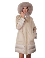 Piumino ed eco montone con pelliccia di volpe 48 tortora vera piuma chiusura zip cappuccio