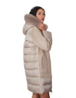 Piumino ed eco montone con pelliccia di volpe 48 tortora vera piuma chiusura zip cappuccio - immagine 3