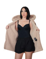 Piumino ecomontone e lana marrone 44 cappuccio chiusura zip tasche boccale polsi in elastico foderato pelo bianco montone - immagine 6