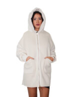 Beige eco-sheepskin and wool down jacket size 46 with zip fastening hood, mouth pockets, elasticated cuffs, white sheepskin lining