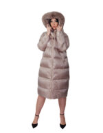 Flared down jacket, real coffee feather, size 44, hood with fox fur trim, zip, side slits - Image 4