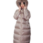 Flared down jacket, real coffee feather, size 44, hood with fox fur trim, zip, side slits