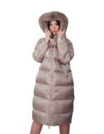 Flared down jacket, real coffee feather, size 44, hood with fox fur trim, zip, side slits