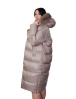 Flared down jacket, real coffee feather, size 44, hood with fox fur trim, zip, side slits - Image 2
