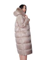 Flared down jacket, real coffee feather, size 44, hood with fox fur trim, zip, side slits - Image 3