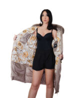 Flared down jacket, real coffee feather, size 44, hood with fox fur trim, zip, side slits - Image 6