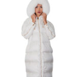 Flared down jacket, real white feather, size 46, hood with fox fur trim, zip, side slits