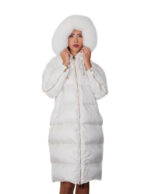 Flared down jacket, real white feather, size 46, hood with fox fur trim, zip, side slits