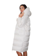 Flared down jacket, real white feather, size 46, hood with fox fur trim, zip, side slits - Image 2