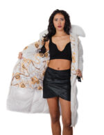 Flared down jacket, real white feather, size 46, hood with fox fur trim, zip, side slits - Image 6