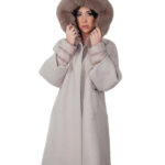 Dove grey cashmere and down coat size 48, detachable fox-trimmed down hood, down cuffs