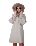 Dove grey cashmere and down coat size 48, detachable fox-trimmed down hood, down cuffs
