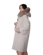 Dove grey cashmere and down coat size 48, detachable fox-trimmed down hood, down cuffs - Image 2