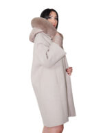 Dove grey cashmere and down coat size 48, detachable fox-trimmed down hood, down cuffs - Image 3