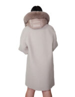 Dove grey cashmere and down coat size 48, detachable fox-trimmed down hood, down cuffs - Image 5