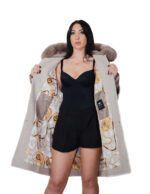 Dove grey cashmere and down coat size 48, detachable fox-trimmed down hood, down cuffs - Image 6