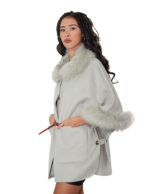 Cashmere and wool cape with eco fur at the edges and collar 56 green open side pockets mug leather strap - Image 3