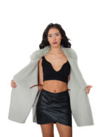 Cashmere and wool cape with eco fur at the edges and collar 56 green open side pockets mug leather strap - Image 6