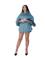 Cashmere and wool cape with eco fur at the edges and collar 54 light blue open side pockets mouth leather strap - Image 4