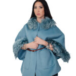 Cashmere and wool cape with eco fur at the edges and collar 50 light blue open side pockets mouth leather strap