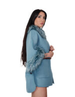 Cashmere and wool cape with eco fur at the edges and collar 54 light blue open side pockets mouth leather strap - Image 3