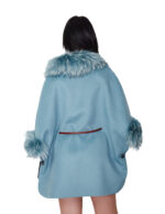 Cashmere and wool cape with eco fur at the edges and collar 54 light blue open side pockets mouth leather strap - Image 5
