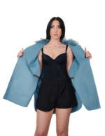 Cashmere and wool cape with eco fur at the edges and collar 54 light blue open side pockets mouth leather strap - Image 6