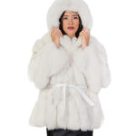 Fox fur jacket V-worked 42 white shaded groellandia hood outer belt leather