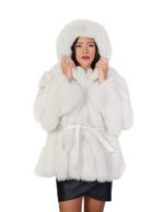 Fox fur jacket V-worked 42 white shaded groellandia hood outer belt leather
