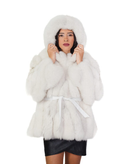 Fox fur jacket V-worked 42 white shaded groellandia hood outer belt leather