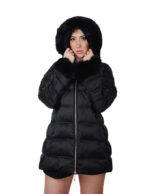 Black down jacket size 42 eco fur hood and cuffs pockets zip closure high collar long sleeves