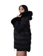 Black down jacket size 42 eco fur hood and cuffs pockets zip closure high collar long sleeves - Image 3