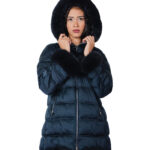 Blue down jacket size 50 eco fur hood and cuffs pockets zip closure high collar long sleeves