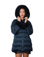 Piumino colore blu 42 eco pelliccia cappuccio e polsi tasche chiusura zip colletto alto manica lunga
