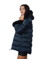 Piumino colore blu 42 eco pelliccia cappuccio e polsi tasche chiusura zip colletto alto manica lunga - immagine 3