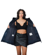 Piumino colore blu 42 eco pelliccia cappuccio e polsi tasche chiusura zip colletto alto manica lunga - immagine 6