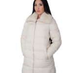 Beige rabbit fur down jacket size 44 padded with zip closure external pockets internal zip pocket 84 cm
