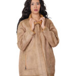 Reversible brown eco sheepskin coat 48 button closure clip on fur side and leather side zip pockets and mug
