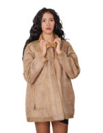 Reversible brown eco sheepskin coat 48 button closure clip on fur side and leather side zip pockets and mug