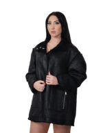 Reversible black eco sheepskin coat 52 button closure clip on fur side and leather side zip pockets and mug