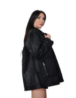 Reversible black eco sheepskin coat 52 button closure clip on fur side and leather side zip pockets and mug - Image 2